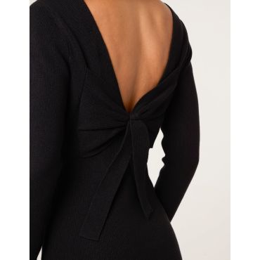 V Neck Bow Back Detailed Knitted Dress - 6/8 / BLACK