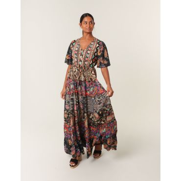 Angel Sleeve Button Front Maxi Dress - S/M / BLACK PATTERN