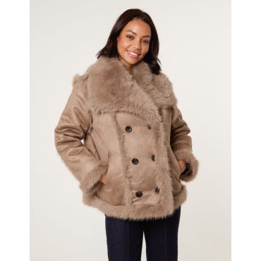 Reversible Short Faux Fur Coat - L / CAMEL