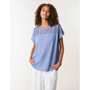 Lace Pattern Cotton Top - S / DENIM
