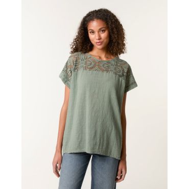 Lace Pattern Cotton Top - S / KHAKI
