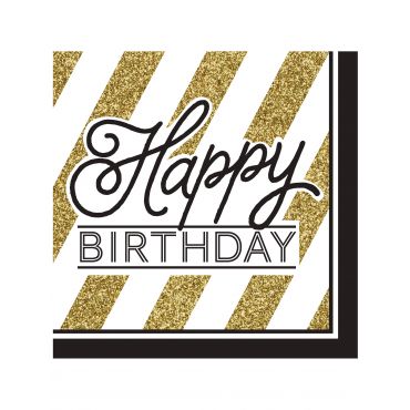 Mustankultaiset paperilautasliinat Happy Birthday -tekstillä 33 cm - 16 kpl