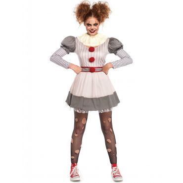 Creepy Clown- Naamiaisasu Naiselle - Harmaa, Valkoinen - M/L (42/44)