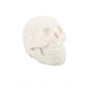 Valkoinen pääkallo, jossa on kohokuvioituja calaveras-kuvioita 14 cm