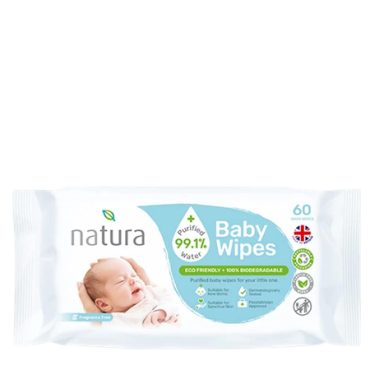 Natura Purified Water Biohajoavat Hajusteettomat Baby Wipes - 60 kpl