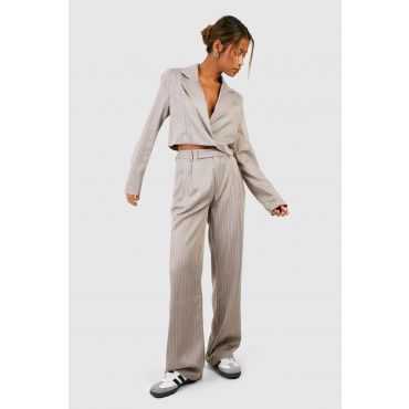 Pantalon De Tailleur Large À Rayures Fines - Marron Taupe - 38, Marron Taupe