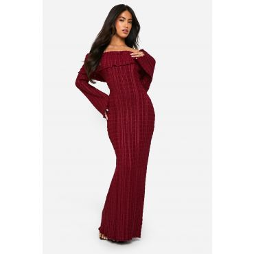 Robe Longue Texturée À Col Bateau - Rouge Vin - 38, Rouge Vin