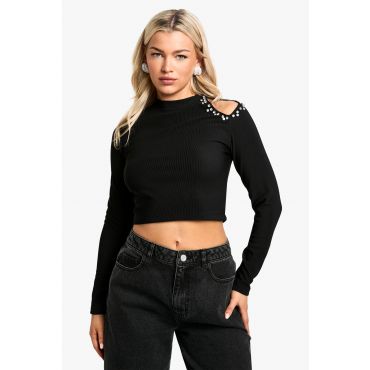 Top À Manches Longues Et Découpes En Strass - Noir - M, Noir