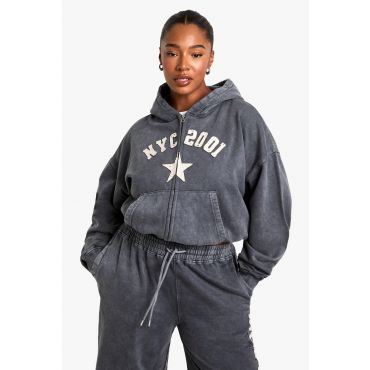 Grande Taille - Sweat À Capuche Délavé Zippé À Écusson Nyc - Gris Anthracite - 56, Gris Anthracite
