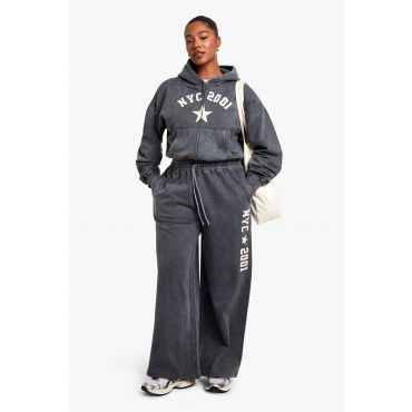 Grande Taille - Jogging Droit Délavé À Écusson Nyc - Gris Anthracite - 50, Gris Anthracite