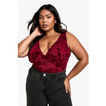 Grande Taille - Body Délavé Fleuri - Rouge Cerise - 46, Rouge Cerise