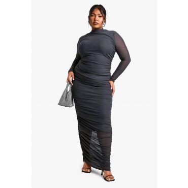 Grande Taille - Robe Mi-Longue Froncée En Mesh - Gris Anthracite - 56, Gris Anthracite