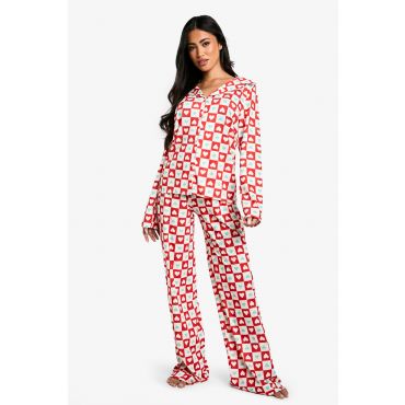 Ensemble De Pyjama À Imprimé Cœur Avec Chemise Et Pantalon - Rouge - 36, Rouge