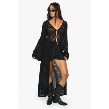 Cardigan Long En Crochet - Noir - L, Noir