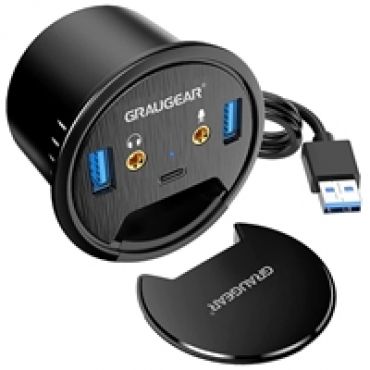 3.2 Gen1 USB-A -hubi, 2x USB-A + USB-C + 2x 3,5mm, pöytään upotettava, musta