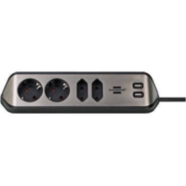 Estilo kulmapistorasia, 4x Schuko + 2x USB-A, hopea/musta