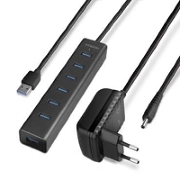 7-porttinen 3.2 Gen1 USB-A -hubi bundle, lisävirralla, virta-adapteri+1,5m -kaapeli, musta