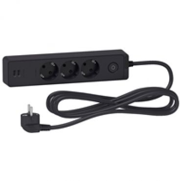 Unica System+ jatkojohto, 3x schuko + 2x USB, 3m, musta