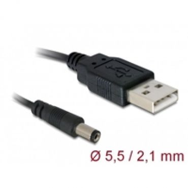 USB-A -> DC 5,5 x 2,1 mm uros, 1m, musta