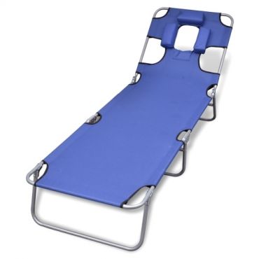  Folding Sun Lounger Blue Adjustable Back Cushion