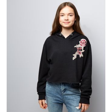 Girls' Black Floral Raw Hem Crop Hoodie New Look