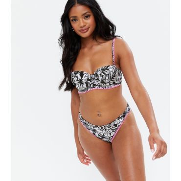 Women's Black Tropical Contrast Stitch Hipster Bikini Bottoms New Look