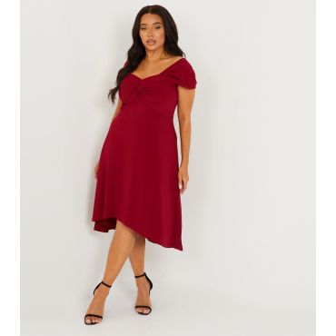 Women's Plus Size Burgundy Scuba Knot Front Dip Hem Midi Dress Curves Quiz New Look