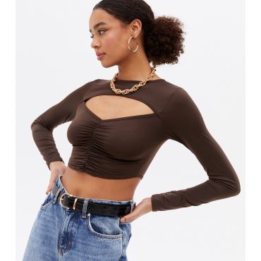 Women's Brown Ruched Cut Out Long Sleeve Crop Top Pink Vanilla New Look
