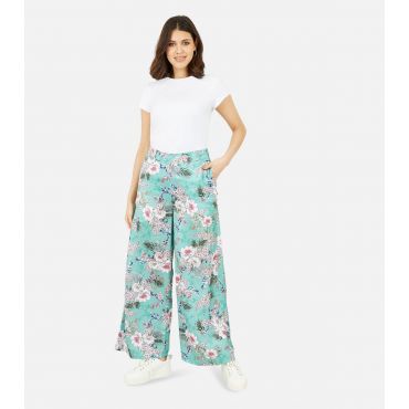 Women's Green Tropical Floral Wide Leg Trousers Yumi New Look