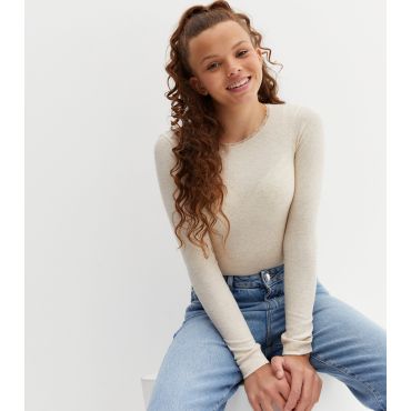 Cream Ribbed Lace Trim Long Sleeve Top Name It New Look