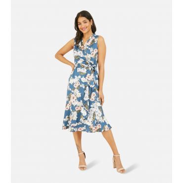 Women's Blue Floral Satin Ruffle Midi Wrap Dress Mela New Look