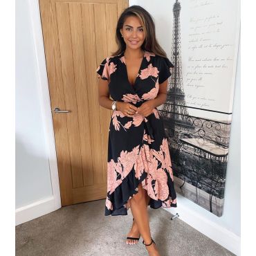 Women's Black Floral Ruffle Midi Wrap Dress AX Paris New Look