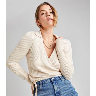 Women's Cream Ribbed Knit Collared Wrap Cardigan Urban Bliss New Look