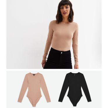 Women's 2 Pack Light Brown and Black Long Sleeve Bodysuits New Look