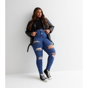 Women's Plus Size Blue Ripped Mid Rise Amie Skinny Jeans Curves New Look