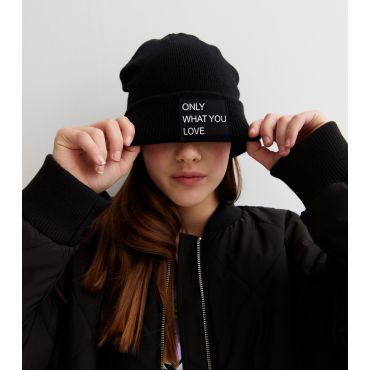 Black Ribbed Knit Logo Beanie KIDS ONLY New Look