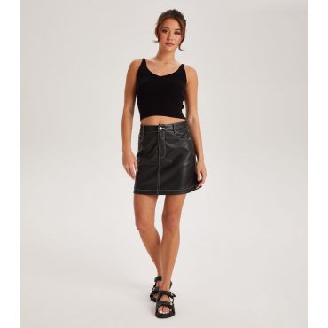 Women's Black Leather-Look Contrast Stitch Mini Skirt Urban Bliss New Look