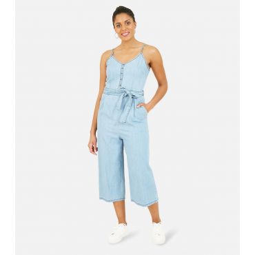 Women's Pale Blue Denim Crop Jumpsuit Yumi New Look
