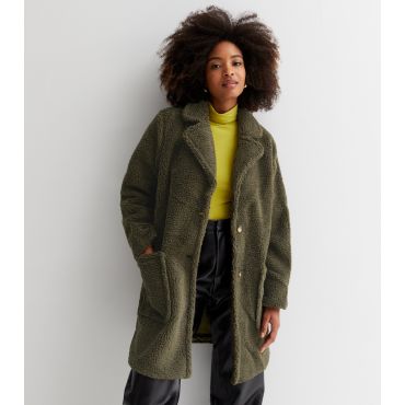 Women's Khaki Teddy Long Coat Gini London New Look