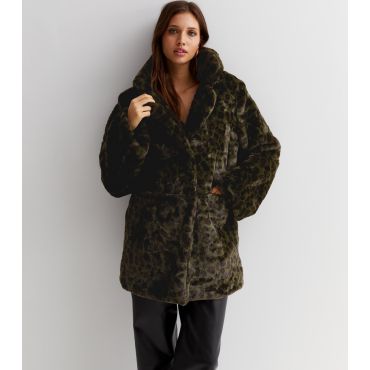 Women's Khaki Leopard Print Faux Fur Coat Gini London New Look