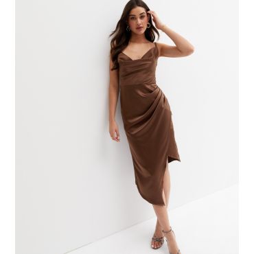 Women's Dark Brown Satin Cowl Neck Midi Slip Dress Cutie London New Look