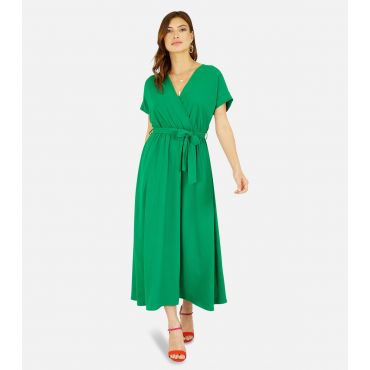 Women's Green Kimono Sleeve Tie Waist Midi Wrap Dress Mela New Look