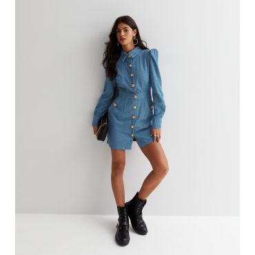 Women's Blue Cord Long Sleeve Button Front Mini Shirt Dress Gini London New Look