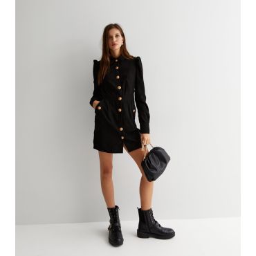 Women's Black Cord Long Sleeve Button Front Mini Shirt Dress Gini London New Look