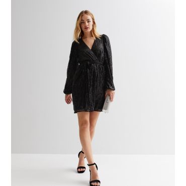 Women's Black Sequin V Neck Long Sleeve Belted Mini Wrap Dress Gini London New Look