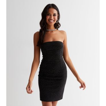 Women's Black Velvet Diamanté Bandeau Mini Bodycon Dress Pink Vanilla New Look