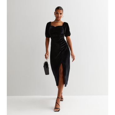Women's Black Velvet Sweetheart Short Puff Sleeve Midi Dress Gini London New Look