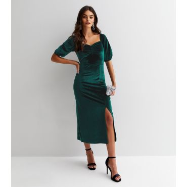 Women's Green Velvet Sweetheart Short Puff Sleeve Midi Dress Gini London New Look