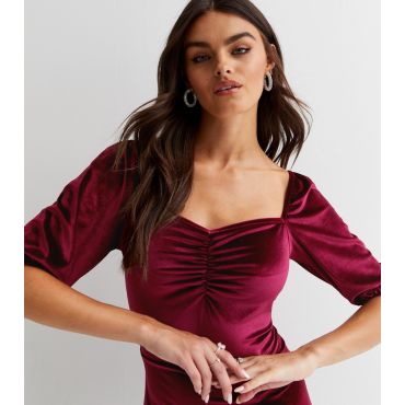 Women's Burgundy Velvet Sweetheart Short Puff Sleeve Midi Dress Gini London New Look