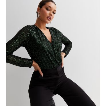 Women's Green Sequin Long Sleeve Wrap Bodysuit Gini London New Look